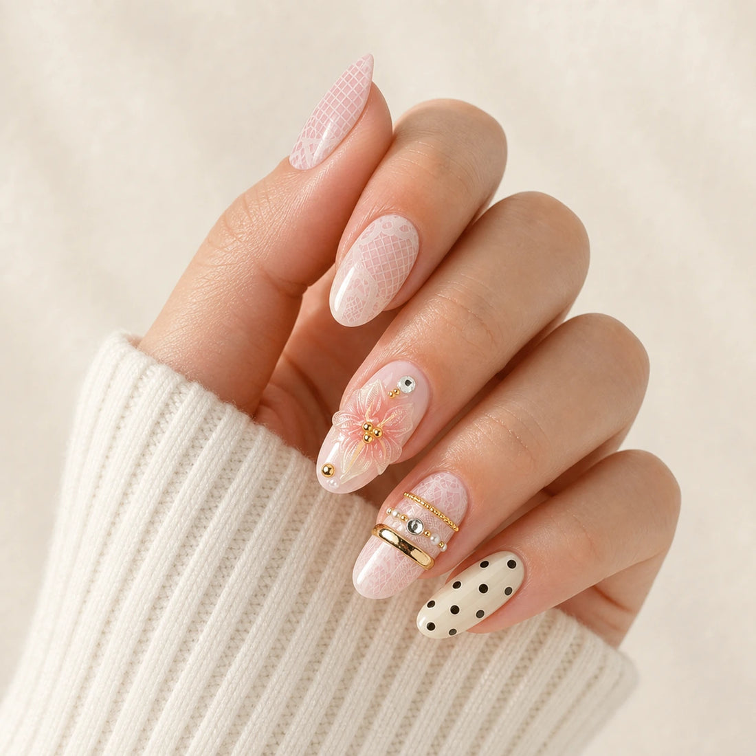 Lace Confetti pink ivory lace polka dot short almond press-on nails on one softly curled hand