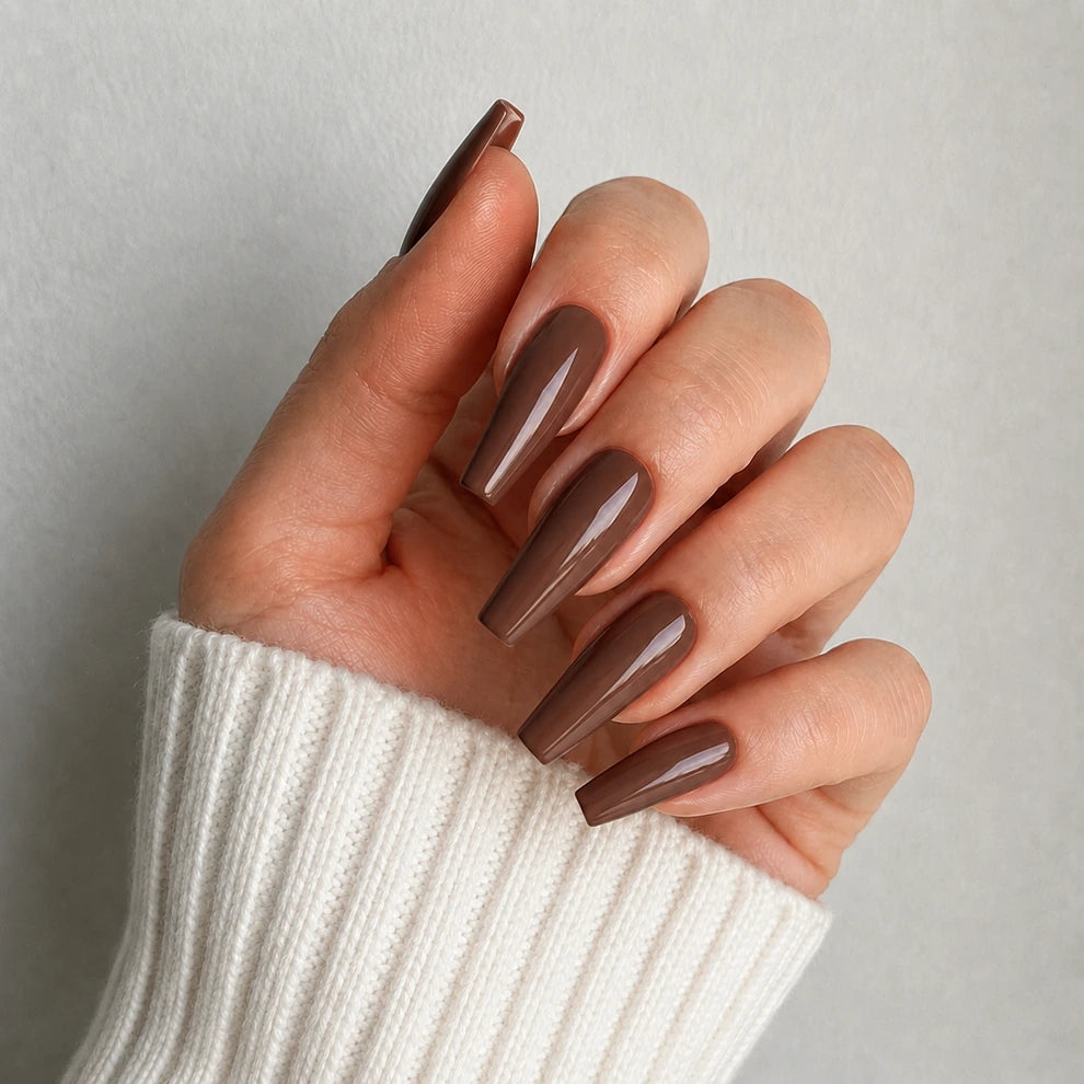 Mocha Dusk long coffin brown press-on nails by Matchy Nails