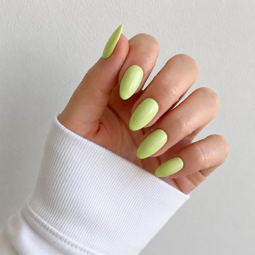 Pistachio Glaze medium almond press-on nails by Matchy Nails