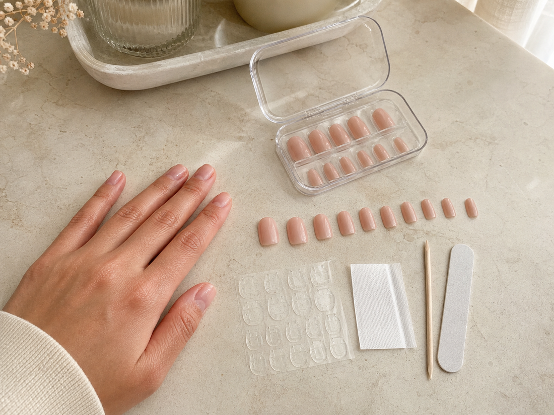 An overhead beginner press-on nail kit on a warm ivory vanity, with an open clear case of generic nude nails, ten nails ordered by size, adhesive tabs, prep pad, file and cuticle stick beside one relaxed natural hand