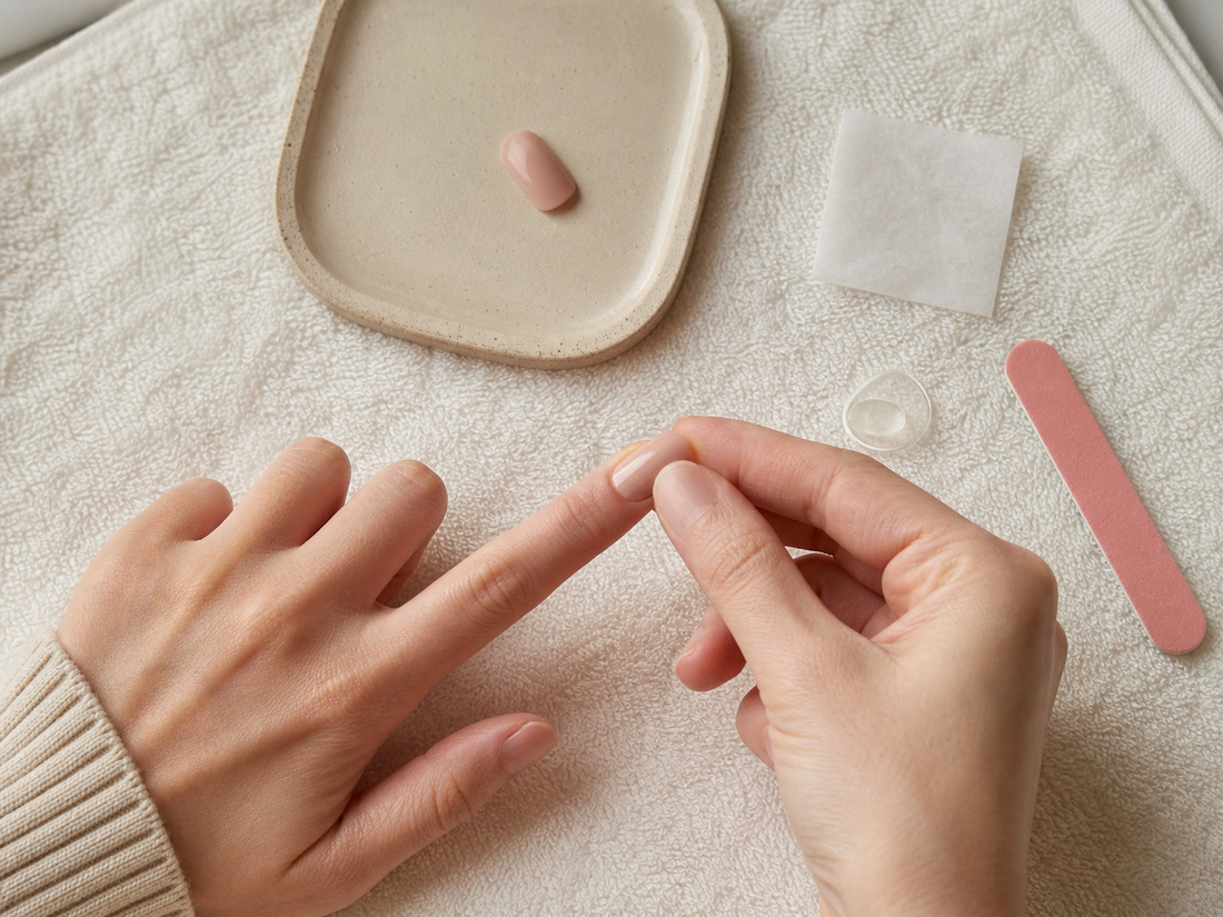 A one-nail reapplication kit with a single fallen press-on nail, prep pad, fresh tab, file and natural finger on a clean towel