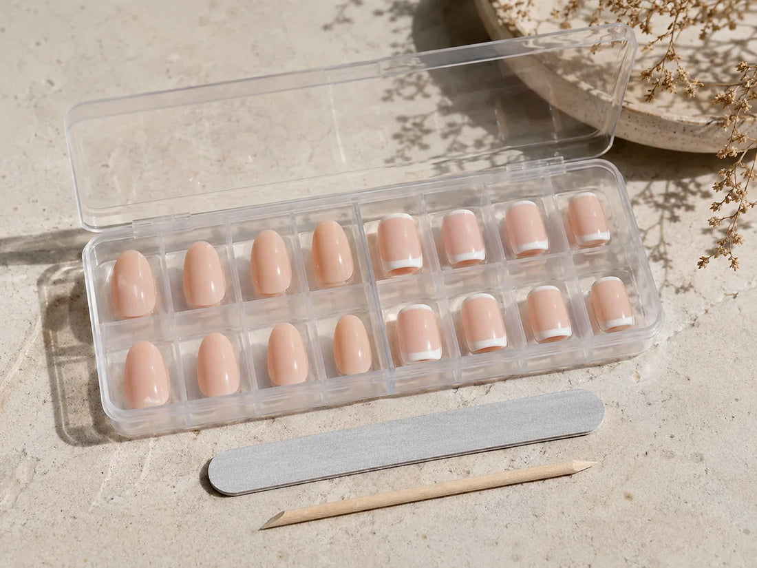 Almond and square press-on nails compared in a clear plastic organizer