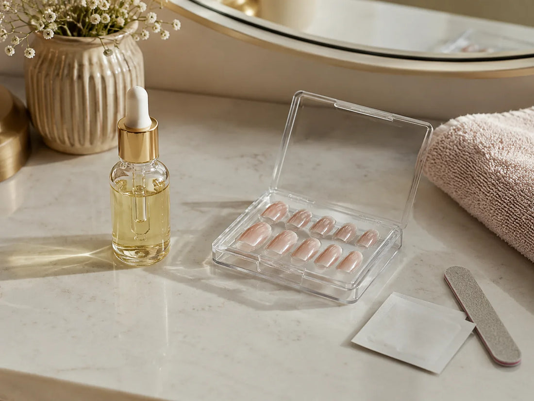 Cuticle oil bottle beside neutral press-on nails in a clear plastic case