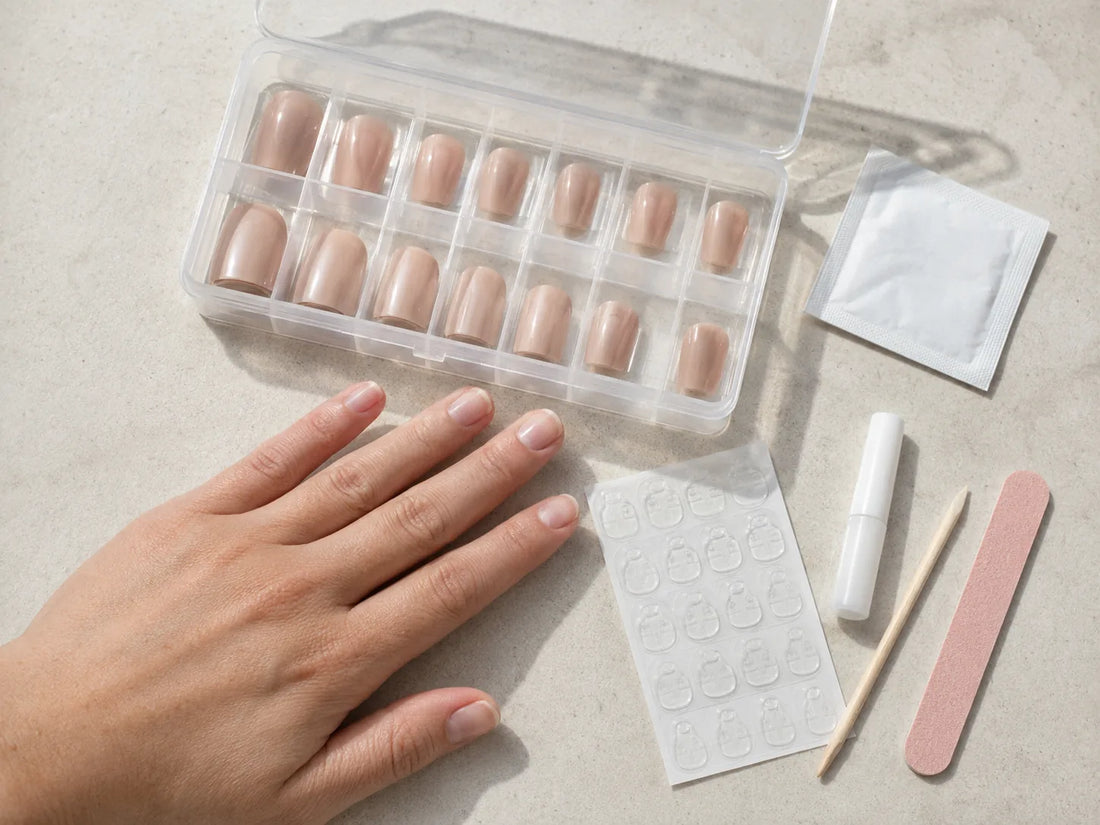 Reusable press-on nails, adhesive tabs and prep tools arranged before application