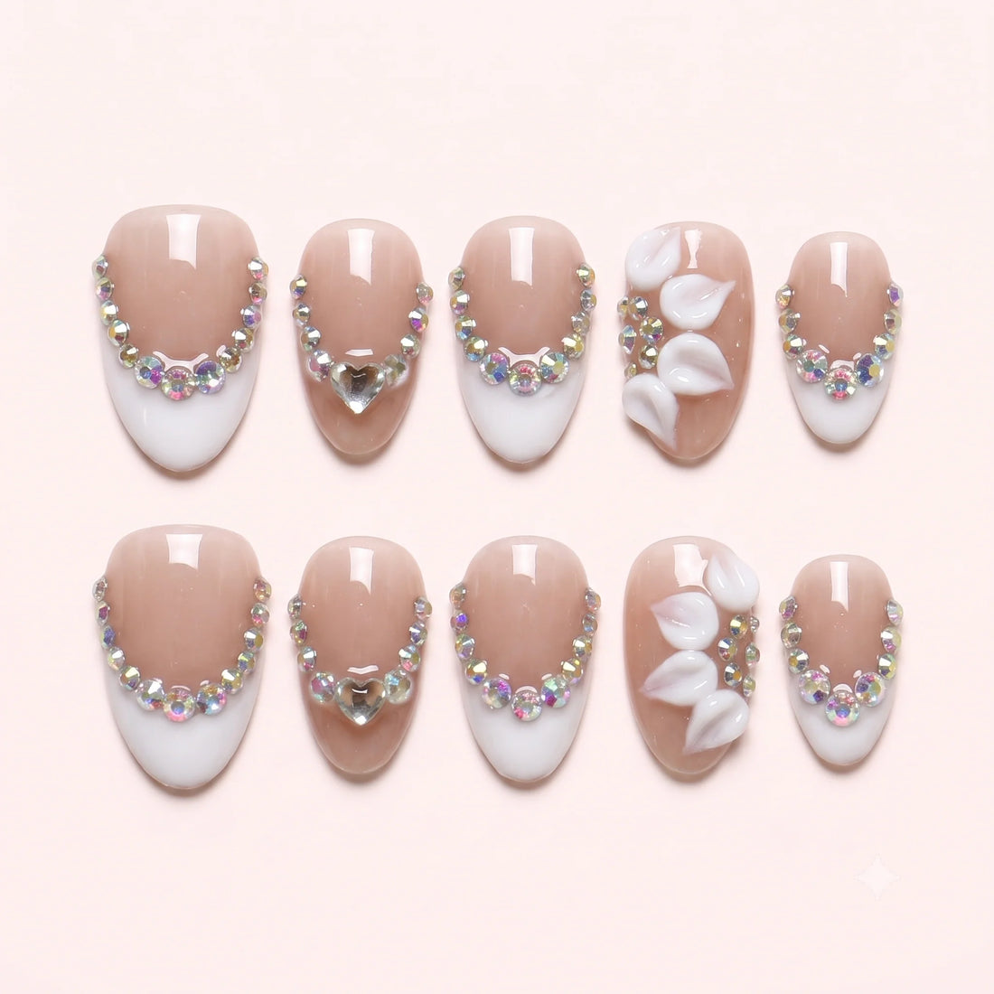 Bridal Bloom beige nails with white raised flowers, silver crystal borders and a heart gem