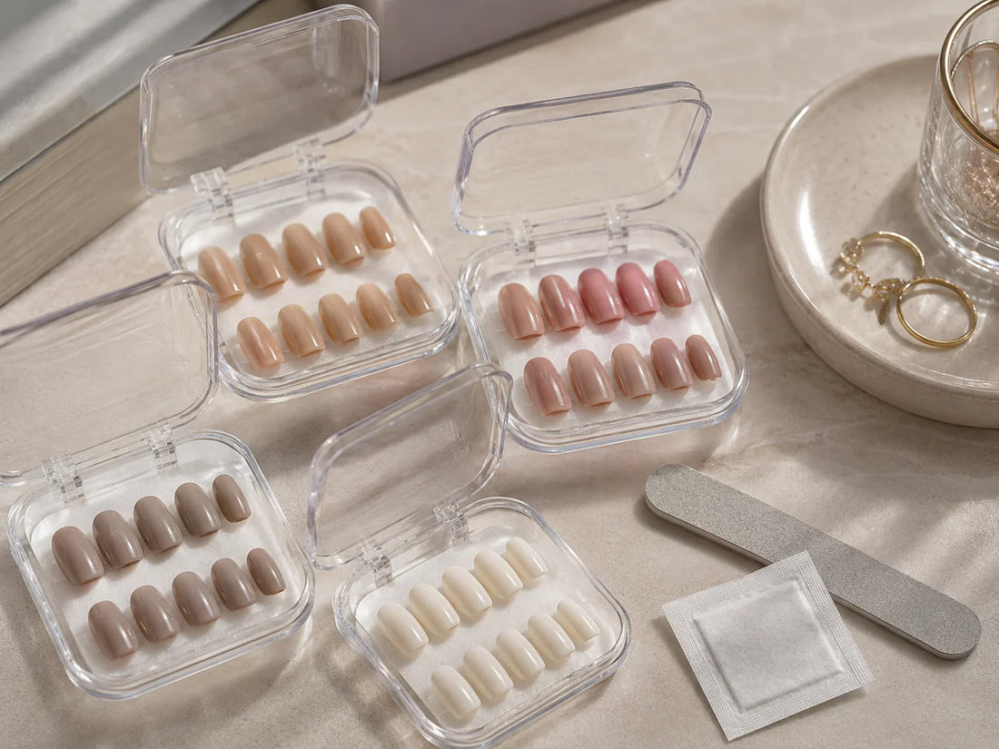 Nude and neutral press-on nails in clear plastic cases beside at-home nail prep tools