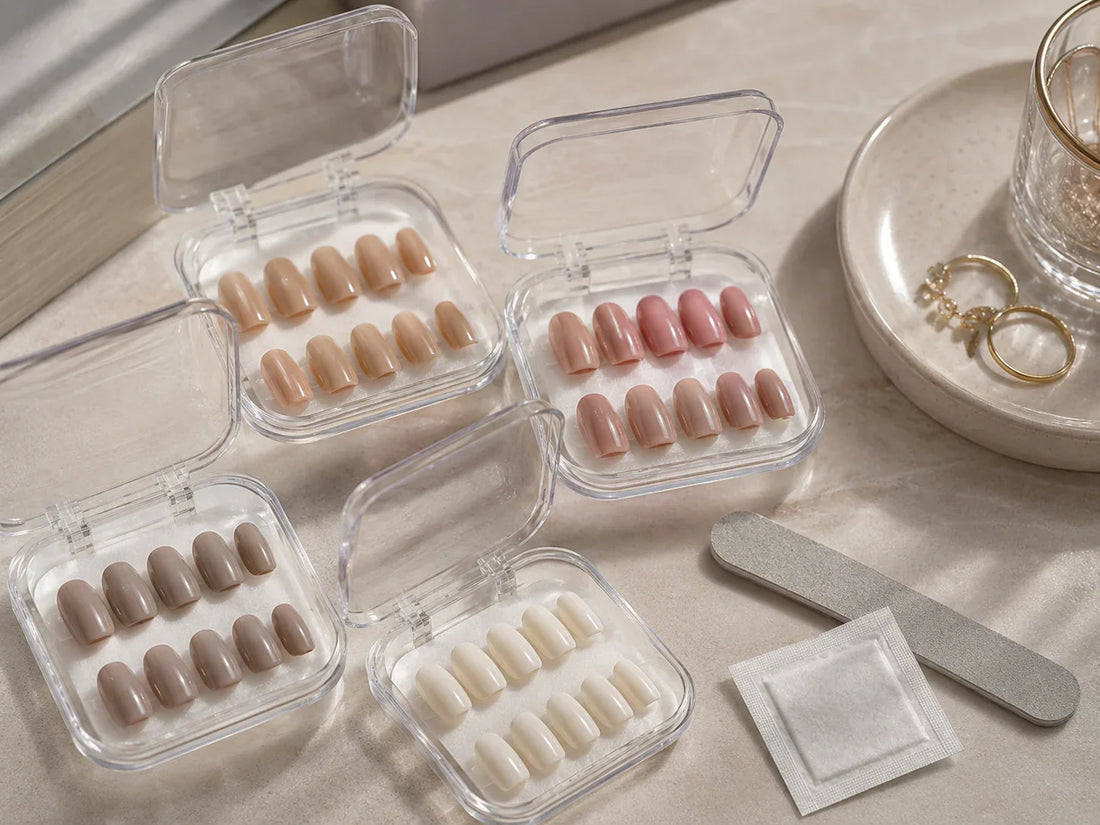 Neutral press-on nail sets and at-home nail preparation tools
