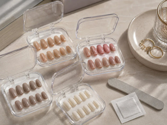 Neutral press-on nail sets and at-home nail preparation tools
