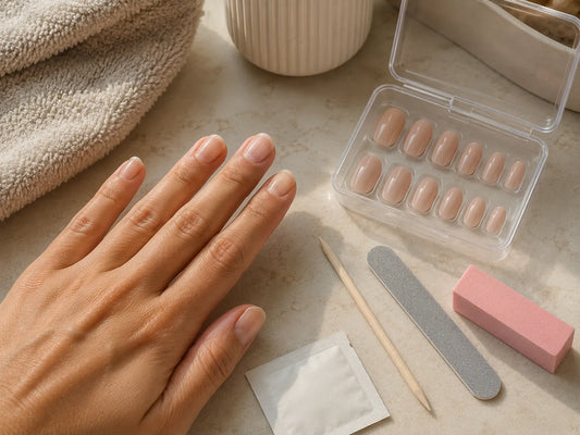 Natural nails being prepared beside a clear plastic case of neutral press-on nails and prep tools