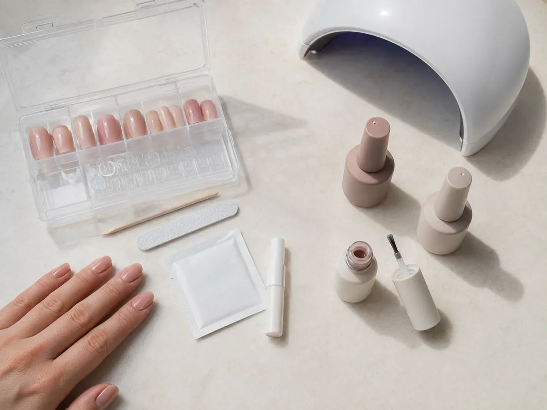 At-home press-on nail kit beside a salon gel manicure setup