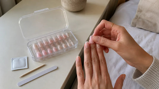 Press-on nail sizing setup with reusable nails in a clear plastic storage box
