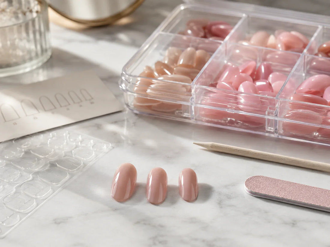 Reusable nude and pink press-on nails in a clear plastic organizer with sizing tools and adhesive tabs
