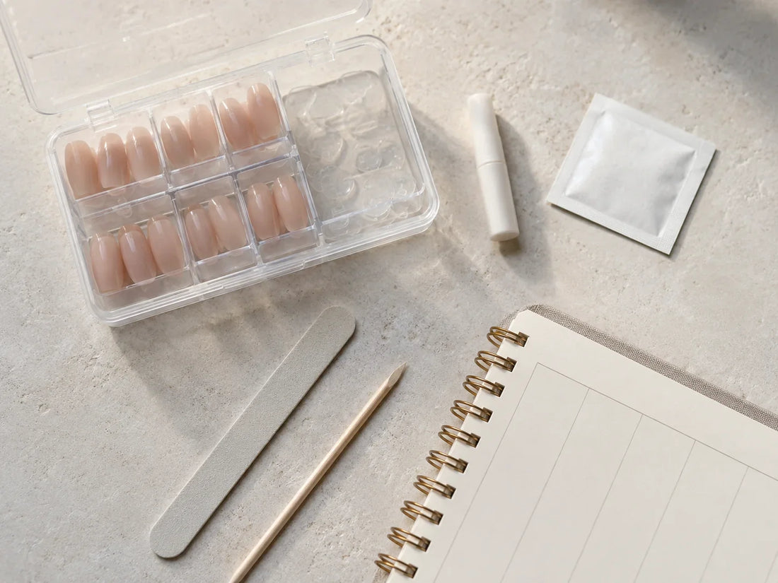 Press-on nail wear-time setup with adhesive tabs, prep pad, file and reusable nail case