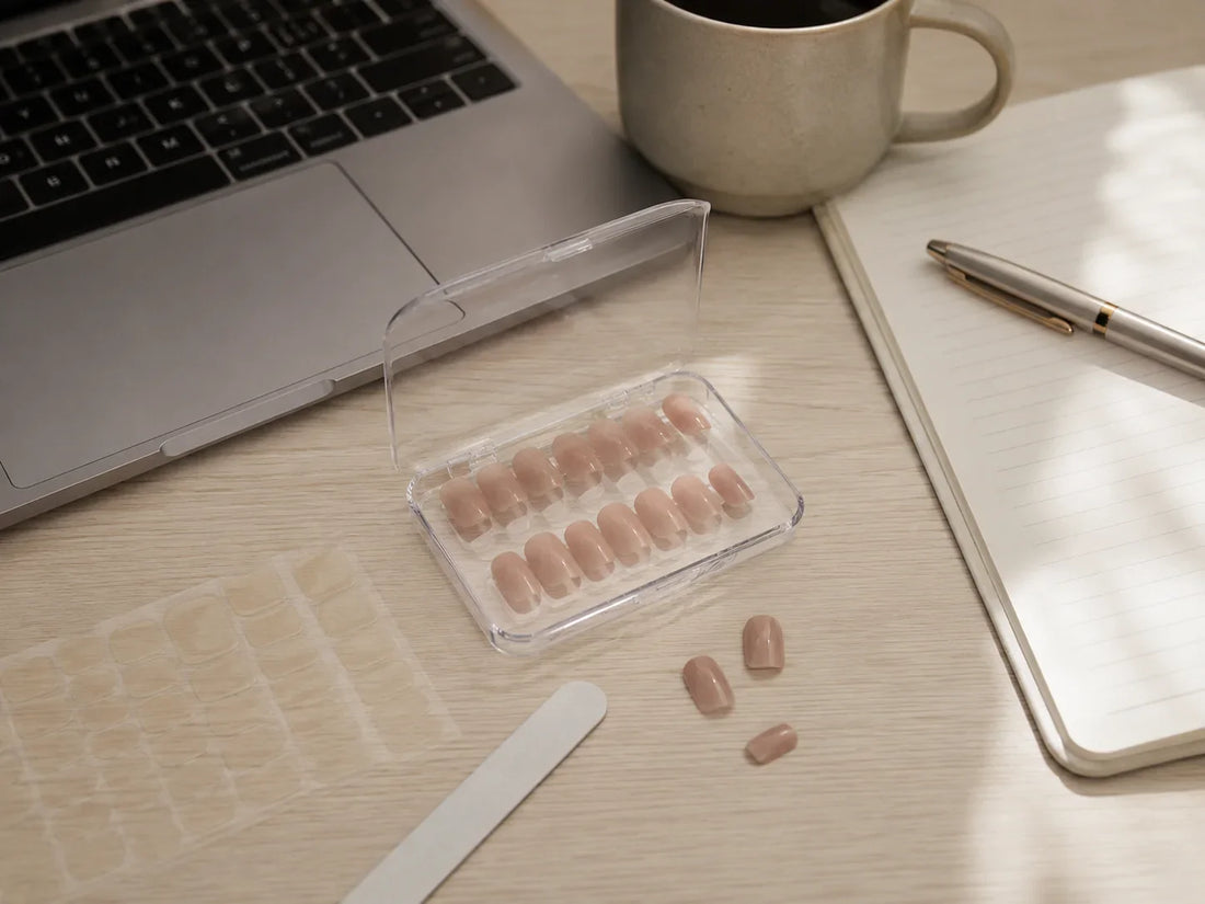 Work-friendly neutral press-on nails in a clear case on an office desk