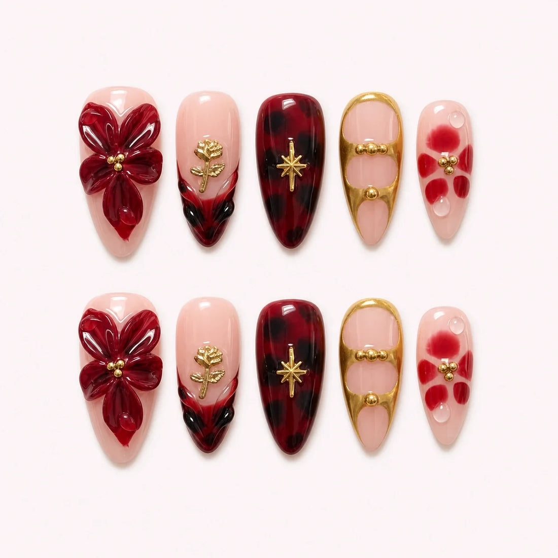 Crimson Keepsake medium almond wine-red floral press-on nails with gold accents