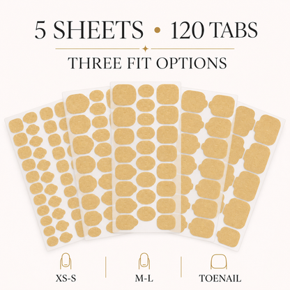 Five sheets with 120 adhesive tabs and XS-S, M-L and toenail fit options