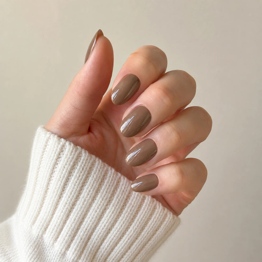 Cocoa Glaze short almond press-on nails by Matchy Nails