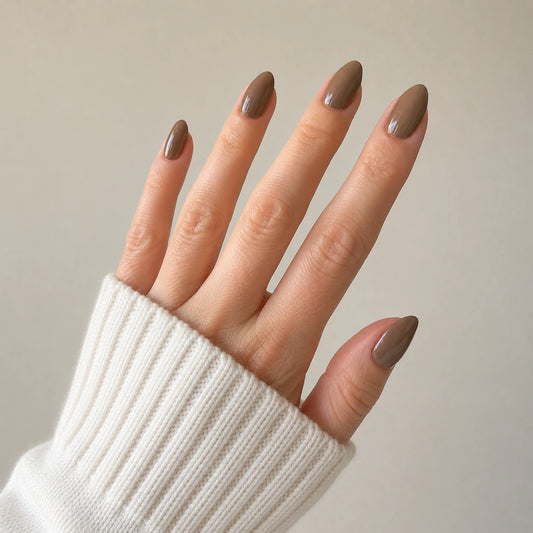 Cocoa Glaze short almond press-on nails by Matchy Nails