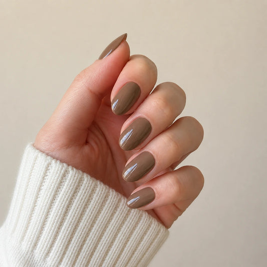 Cocoa Glaze short almond press-on nails by Matchy Nails