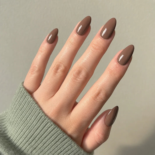 Mocha Glaze short almond press-on nails by Matchy Nails