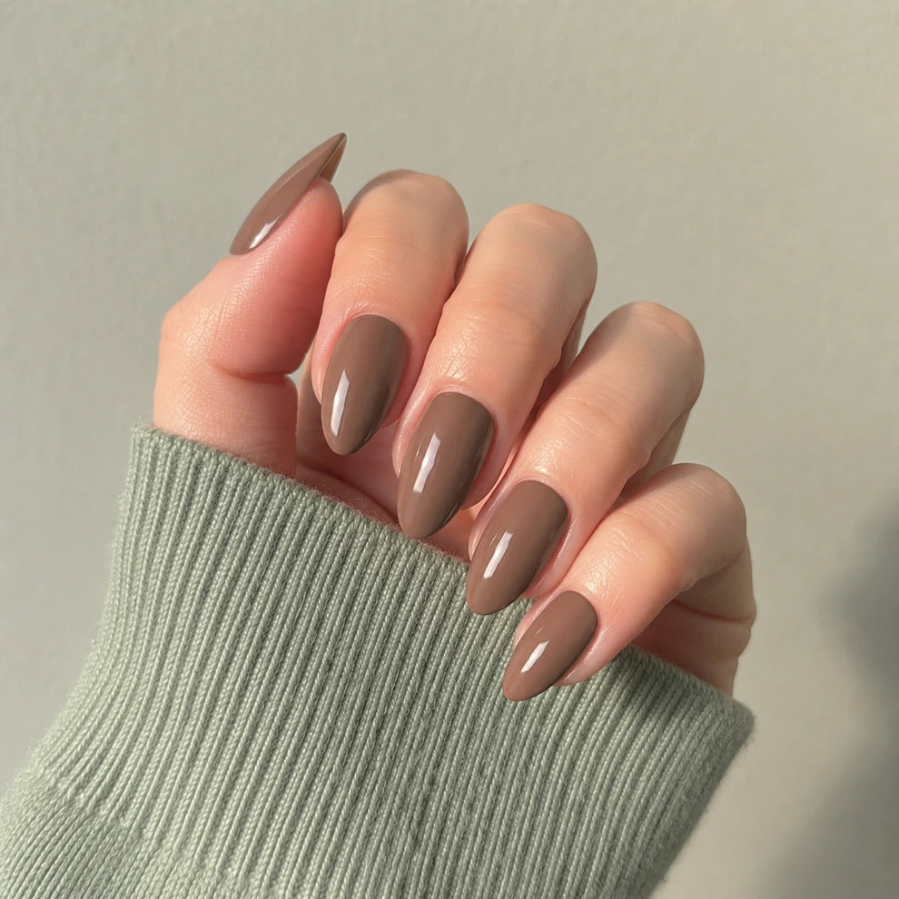 Mocha Glaze short almond press-on nails by Matchy Nails