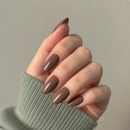 Mocha Glaze short almond press-on nails by Matchy Nails