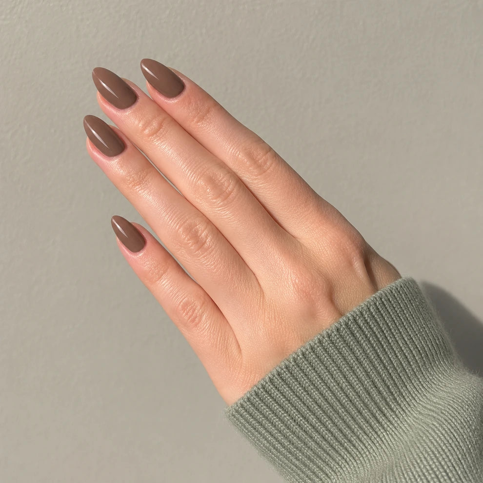Mocha Glaze short almond press-on nails by Matchy Nails