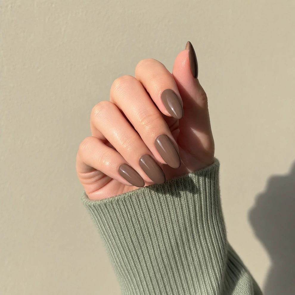 Mocha Glaze short almond press-on nails by Matchy Nails