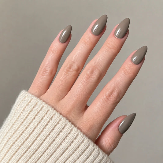 Taupe Glaze short almond press-on nails by Matchy Nails