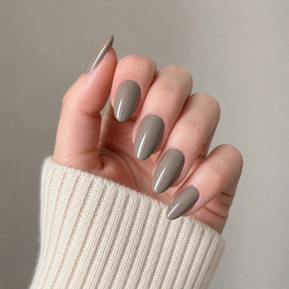 Taupe Glaze short almond press-on nails by Matchy Nails