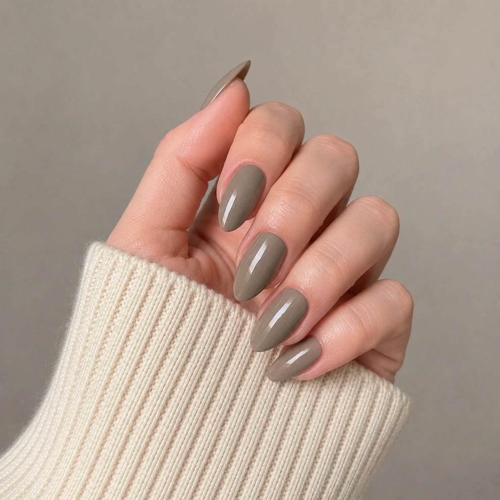 Taupe Glaze short almond press-on nails by Matchy Nails
