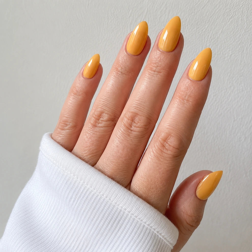 Apricot Hour medium almond yellow press-on nails by Matchy Nails