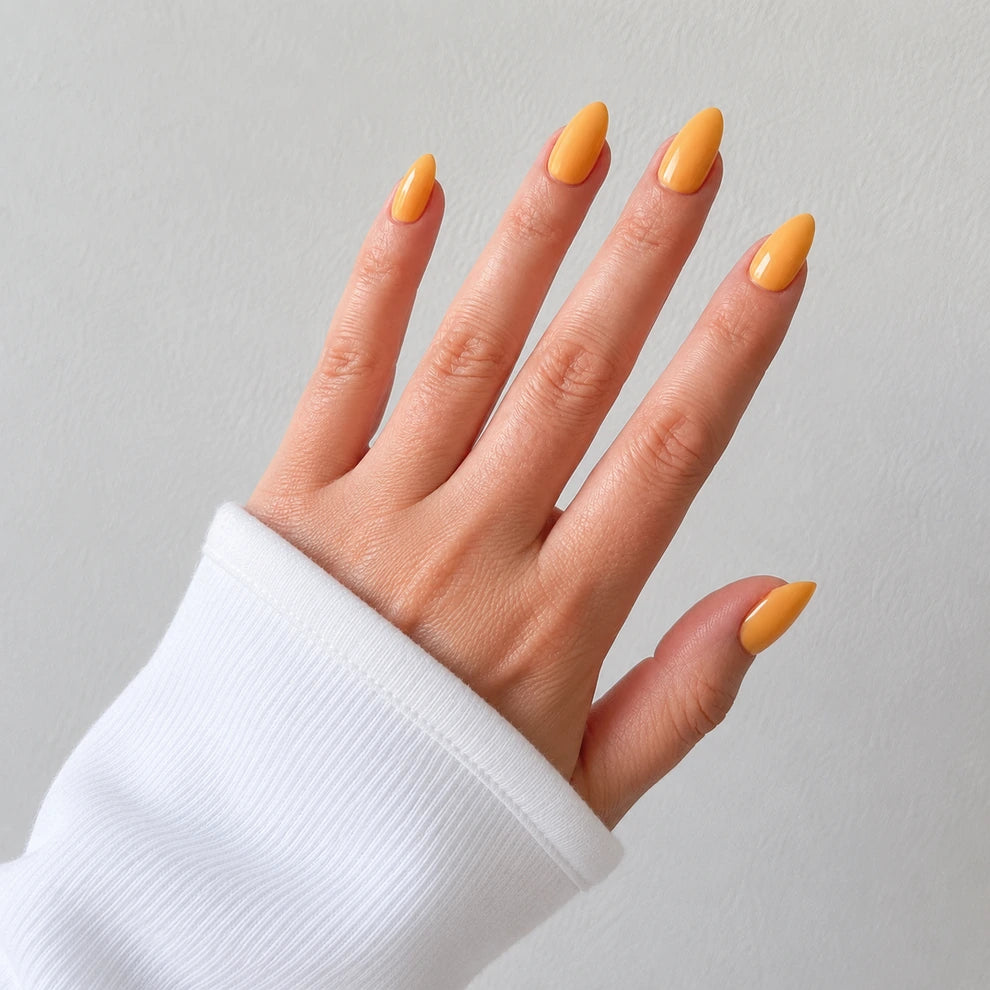 Apricot Hour medium almond yellow press-on nails by Matchy Nails