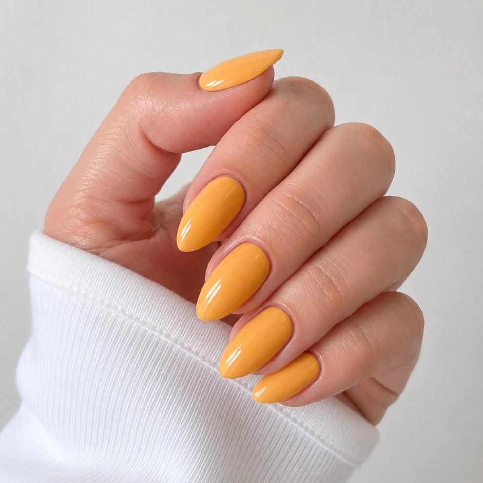 Apricot Hour medium almond yellow press-on nails by Matchy Nails