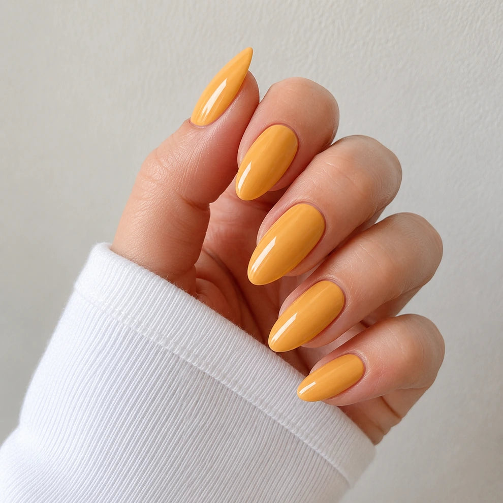 Apricot Hour medium almond yellow press-on nails by Matchy Nails
