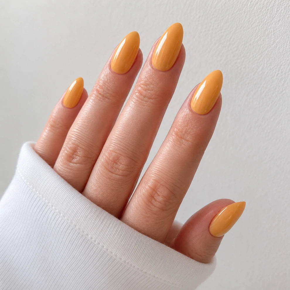 Apricot Hour medium almond yellow press-on nails by Matchy Nails