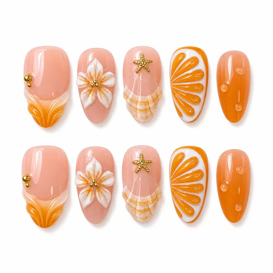 Apricot Reef 30-piece medium almond press-on nail set on a white background