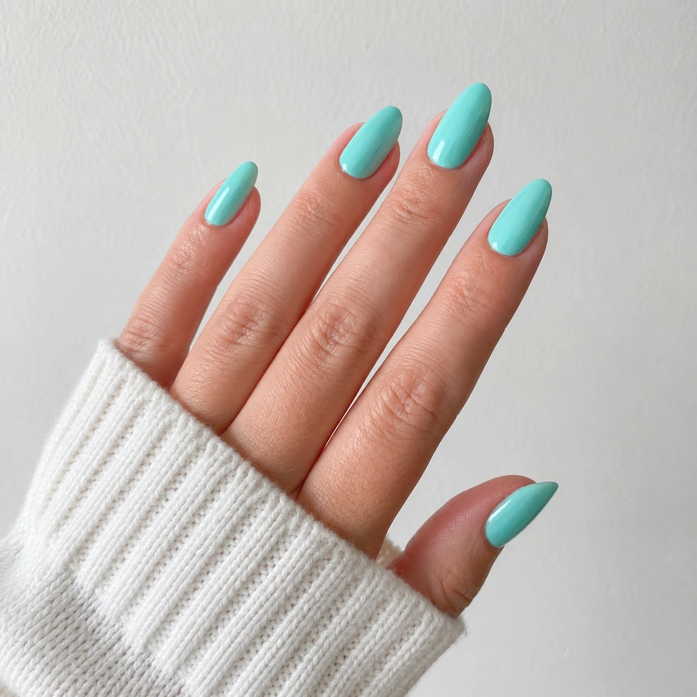 Aqua Glaze medium almond press-on nails by Matchy Nails