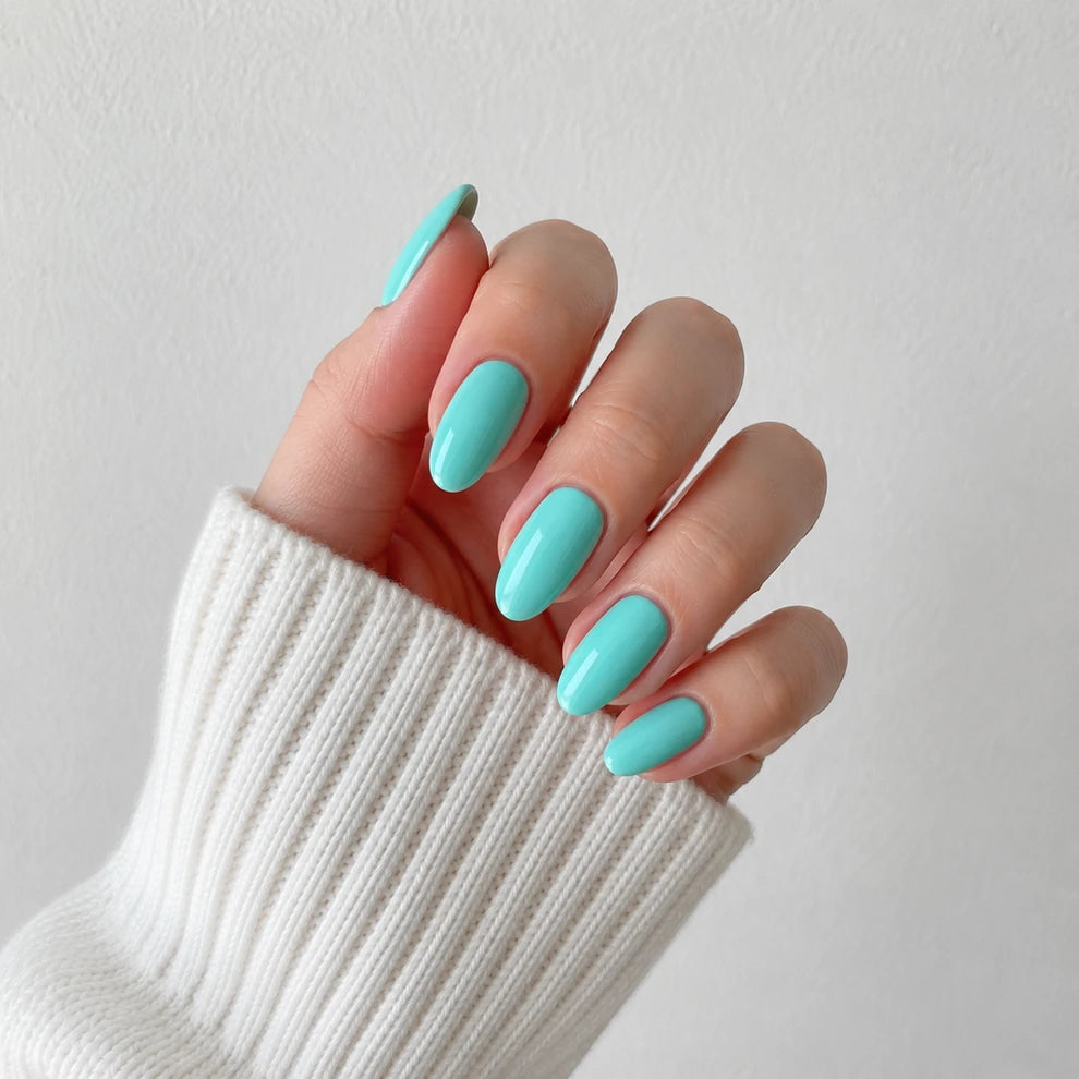 Aqua Glaze medium almond press-on nails by Matchy Nails