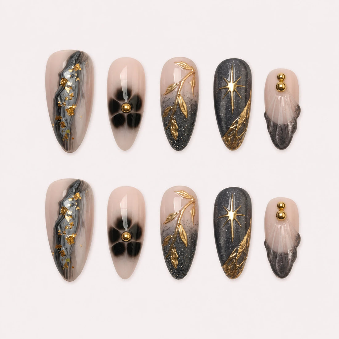 Astral Petal charcoal blush and gold medium almond press-on nails product display