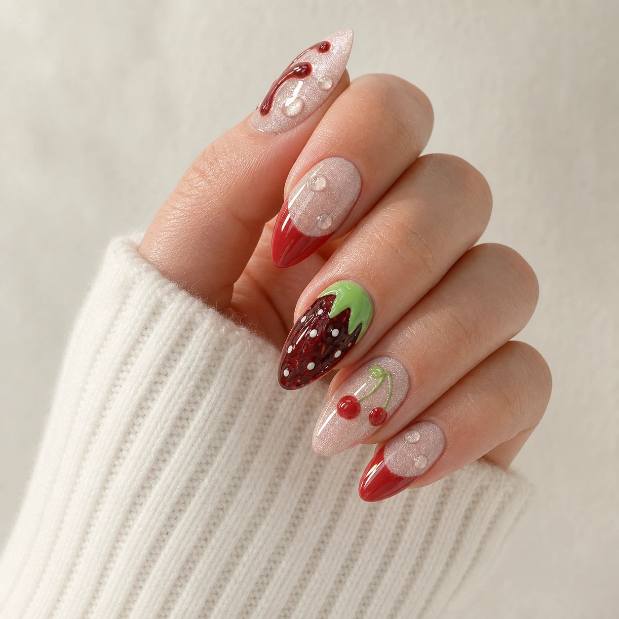 Berry Ganache red chocolate fruit long almond press-on nails on one softly curled hand
