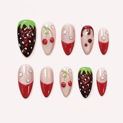Berry Ganache red fruit long almond press-on nails with strawberries and cherries