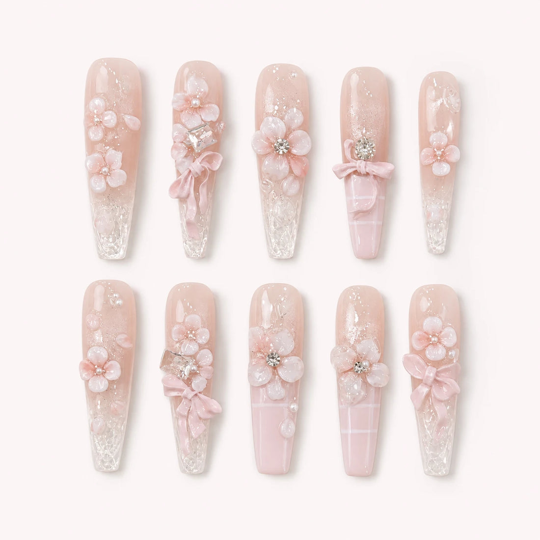 Blossom Sonata long coffin blush floral press-on nails with crystal tips bows and pearls