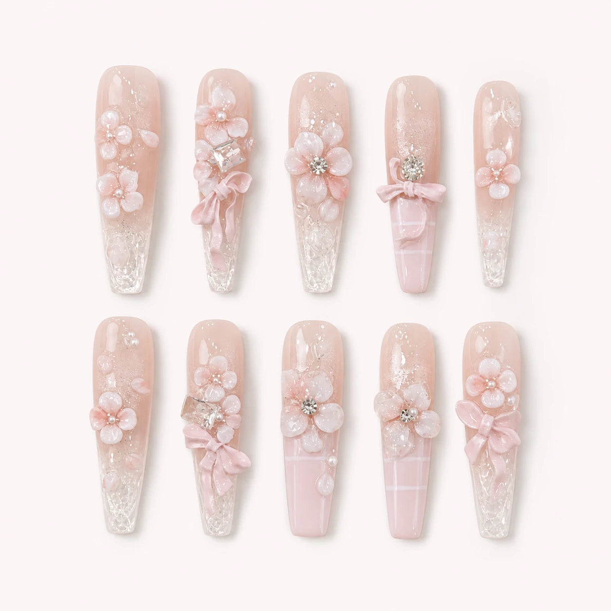 Blossom Sonata long coffin blush floral press-on nails with crystal tips bows and pearls