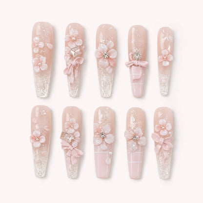 Blossom Sonata long coffin blush floral press-on nails with crystal tips bows and pearls