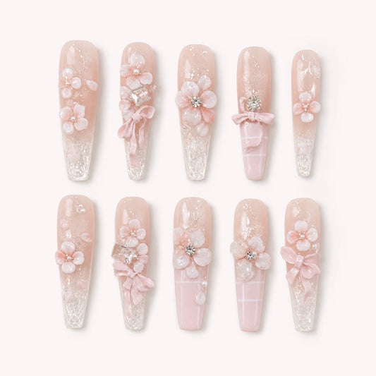 Blossom Sonata long coffin blush floral press-on nails with crystal tips bows and pearls