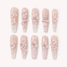 Blossom Sonata long coffin blush floral press-on nails with crystal tips bows and pearls