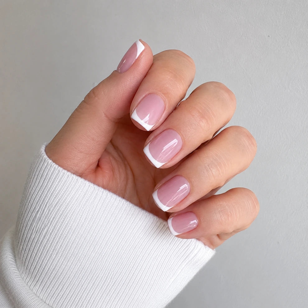 Blush Arc short square french tip pink and white press-on nails by Matchy Nails