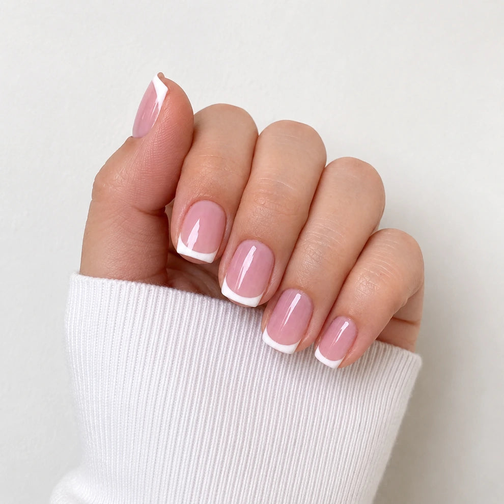Blush Arc short square french tip pink and white press-on nails by Matchy Nails