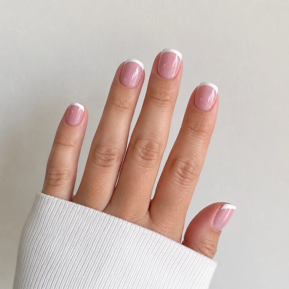 Blush Arc short square french tip pink and white press-on nails by Matchy Nails